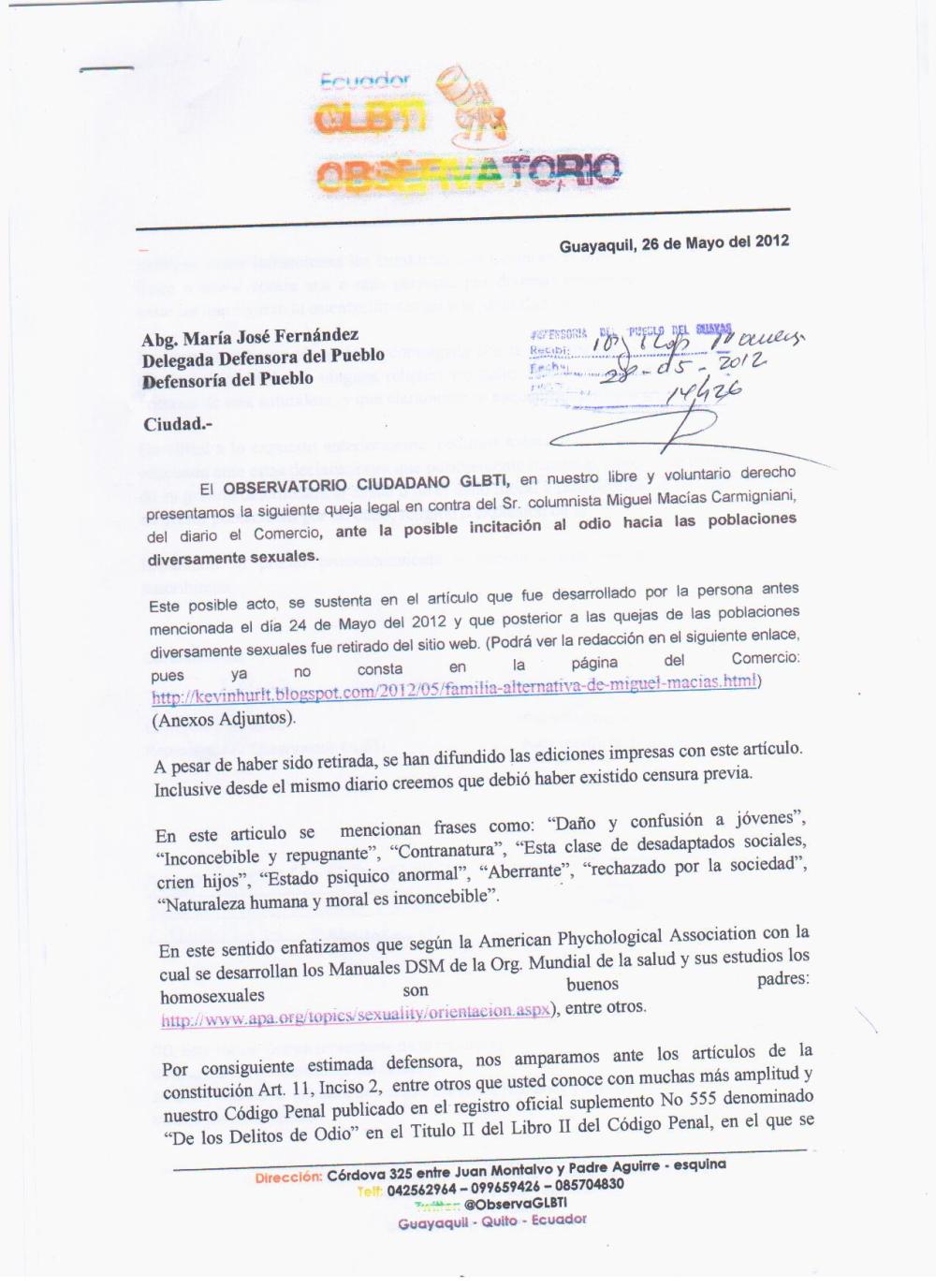 Recibido Queja sr. Macias