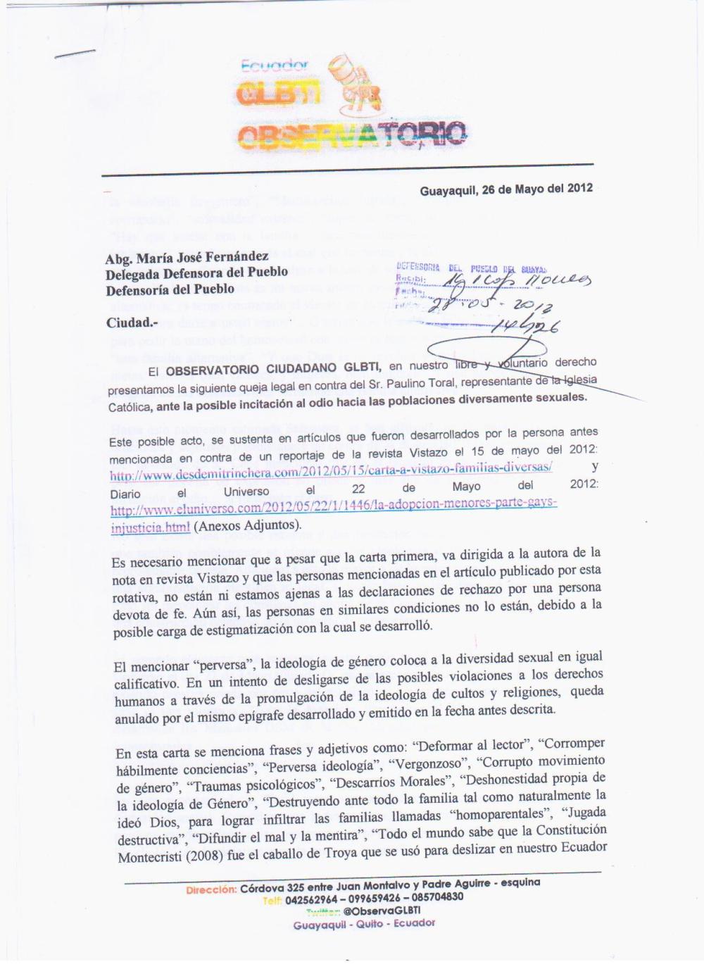 Recibido Queja sr. Toral