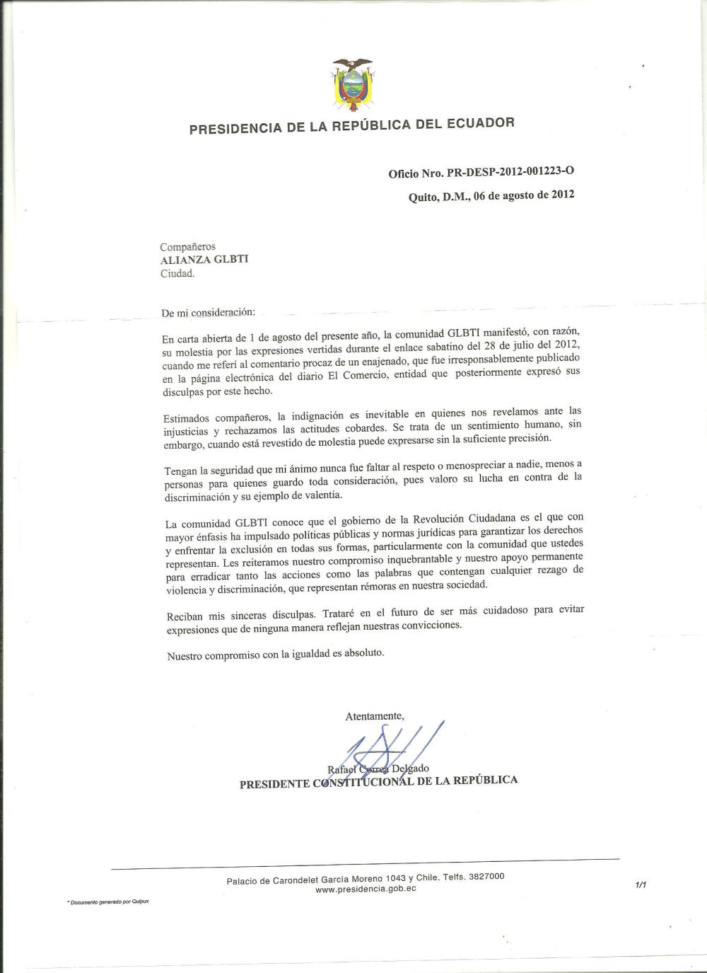 Disculpas Formales Presidente Ecuador Rafael Correa