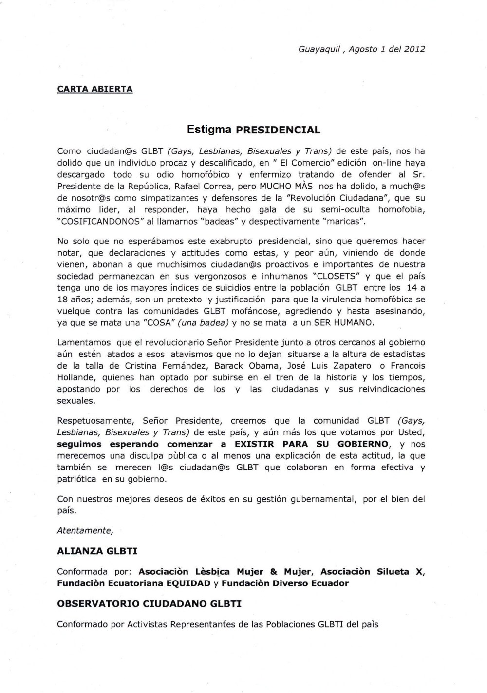 ESTIGMA PRESIDENCIAL (Carta abierta a Rafael Correa)