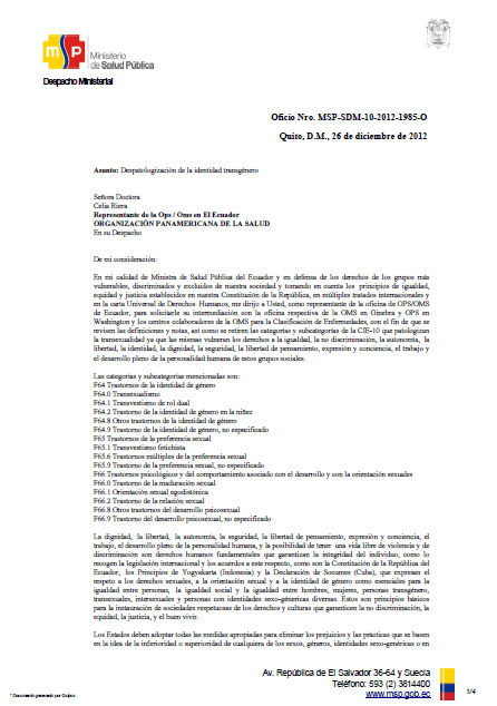 Oficio del MSP sobre Despatologizaciónde la identidad de Trans gracias a gestion Silueta X Diane Rodriguez
