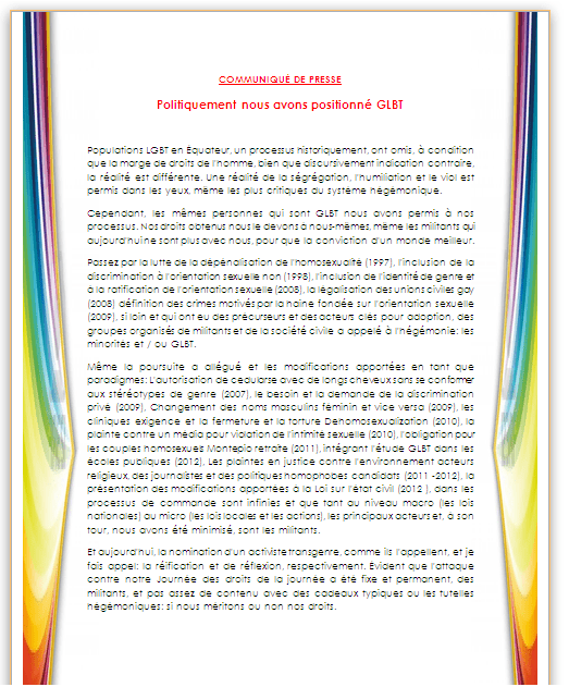 Comunicado en frances de Diane Rodriguez Ecuador candidata transexual