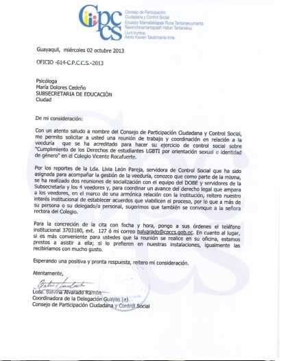 Respuesta del consejo de participacion ciudadana y control social solicitando reunion por aplazamiento de veeduria al vicente rocafuerte silueta x - diane rodriguez