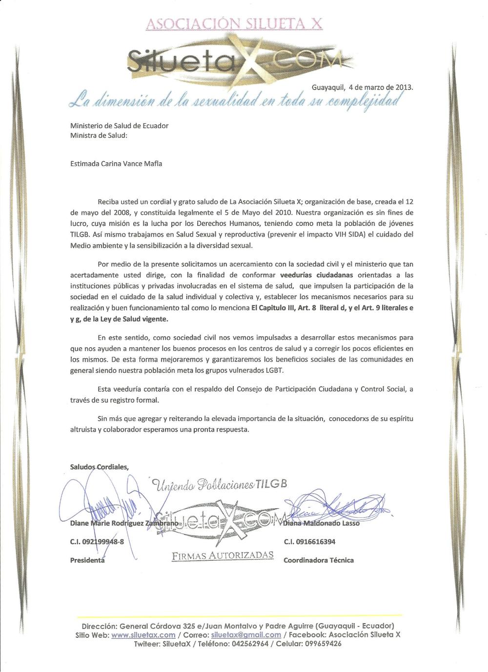 Carta a la Ministra de Salud Carina Vance Mafla