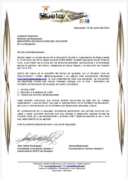 Solicitud de Reunión Ministerio de Educación por parte de la Asociación SIlueta X y Diane Rodriguez