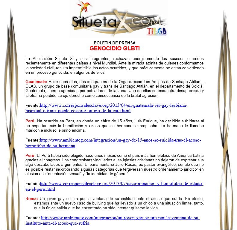 Genocidio GLBTI - Boletin de prensa - Silueta X- Diane Rodríguez