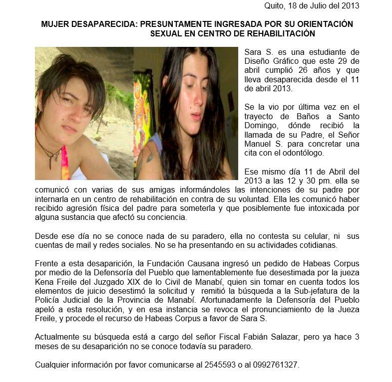 Presunta desaparecida en Clinicas de tortura LGBT en Ecuador - Fundación Causana - Asociación Silueta X - Camapaña Tiempo de Igualdad