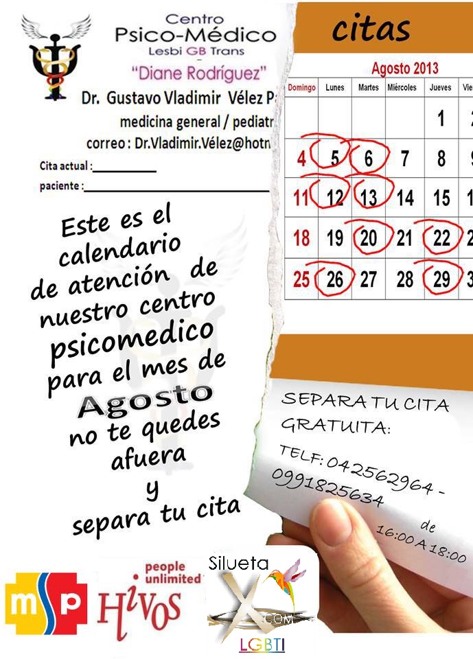 Horario de Atención mes de Agosto del Centro Psico Medico Lesbi GB Trans Diane Rodriguez de la Asociación Silueta X apoyado por Hivos y avalado por el ministerio de salud publica del Ecuador