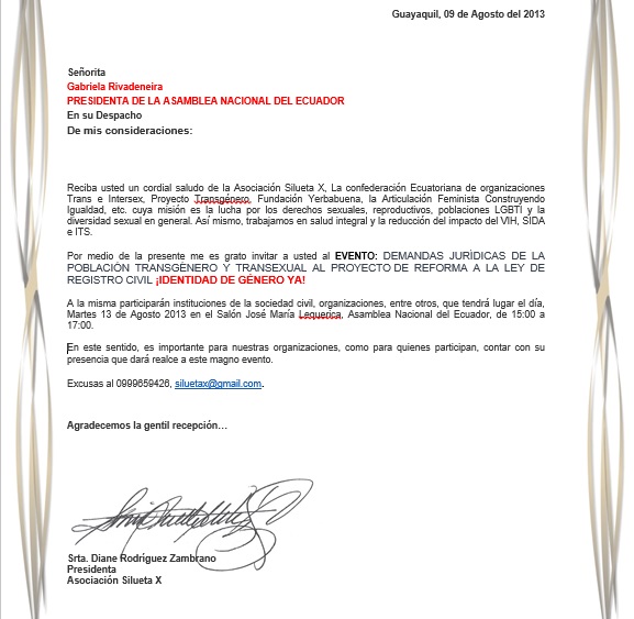 Invitación a Gabriela Rivadeneira Presidenta de la Asamblea al evento DEMANDAS JURÍDICAS DE LA POBLACIÓN TRANSGÉNERO Y TRANSEXUAL AL PROYECTO DE REFORMA A LA LEY DE REGISTRO CIVIL