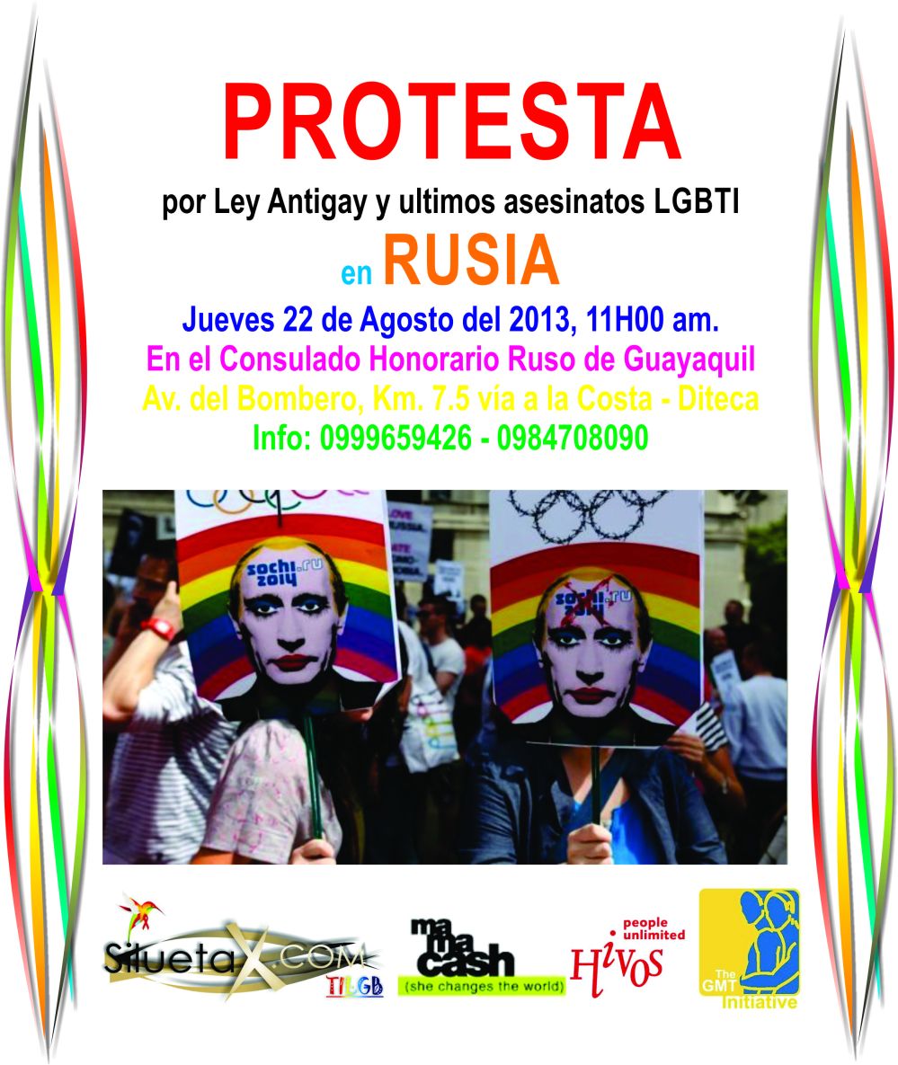 Protesta en Consulado Honorario de Rusia Guayaquil por las ultimas muertes LGBTI por ley anti-gay de Rusia - Asociación Silueta X - amfar - Hivos - mama cash