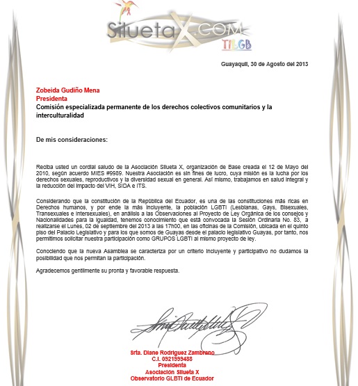 Solicitud participación LGBT en propuestas consejos de igualdad - Diane Rodriguez - Silueta X