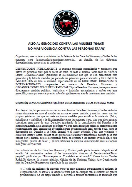 MANIFIESTO STOP GENOCIDIOFEMINICIDIO TRANS-SiluetaX-Diane Rodriguez