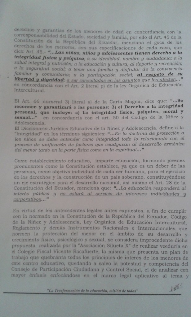Negativa de la Subsecretaría de educación del distrito de Guayaquil ante veeduria propuesta por Silueta X en Idenidad de genero y orientación Sexual a los GLBTI 2