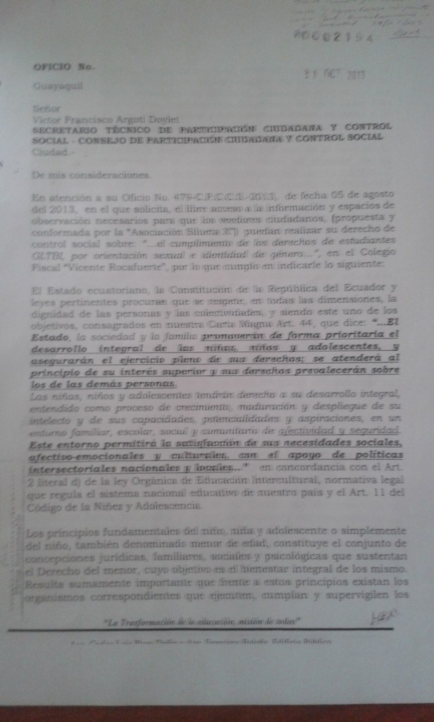 Negativa de la Subsecretaría de educación del distrito de Guayaquil ante veeduria propuesta por Silueta X en Idenidad de genero y orientación Sexual a los GLBTI
