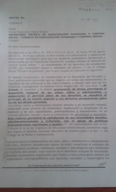 Negativa de la Subsecretaría de educación del distrito de Guayaquil ante veeduria propuesta por Silueta X en Idenidad de genero y orientación Sexual a los GLBTI
