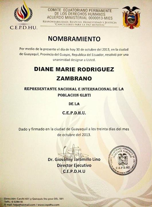 Nombramiento a Diane Marie Rodriguez Zambrano activista trans como representante nacional e internacional de la población GLBTI