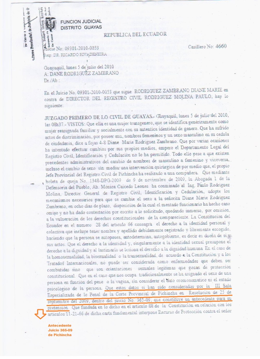1 Juzgado 1ero de lo Civil Niega cambio de sexo en cedula de identidad de activista transexual Diane Rodriguez con la Biblia en Ecuador - Sentencia