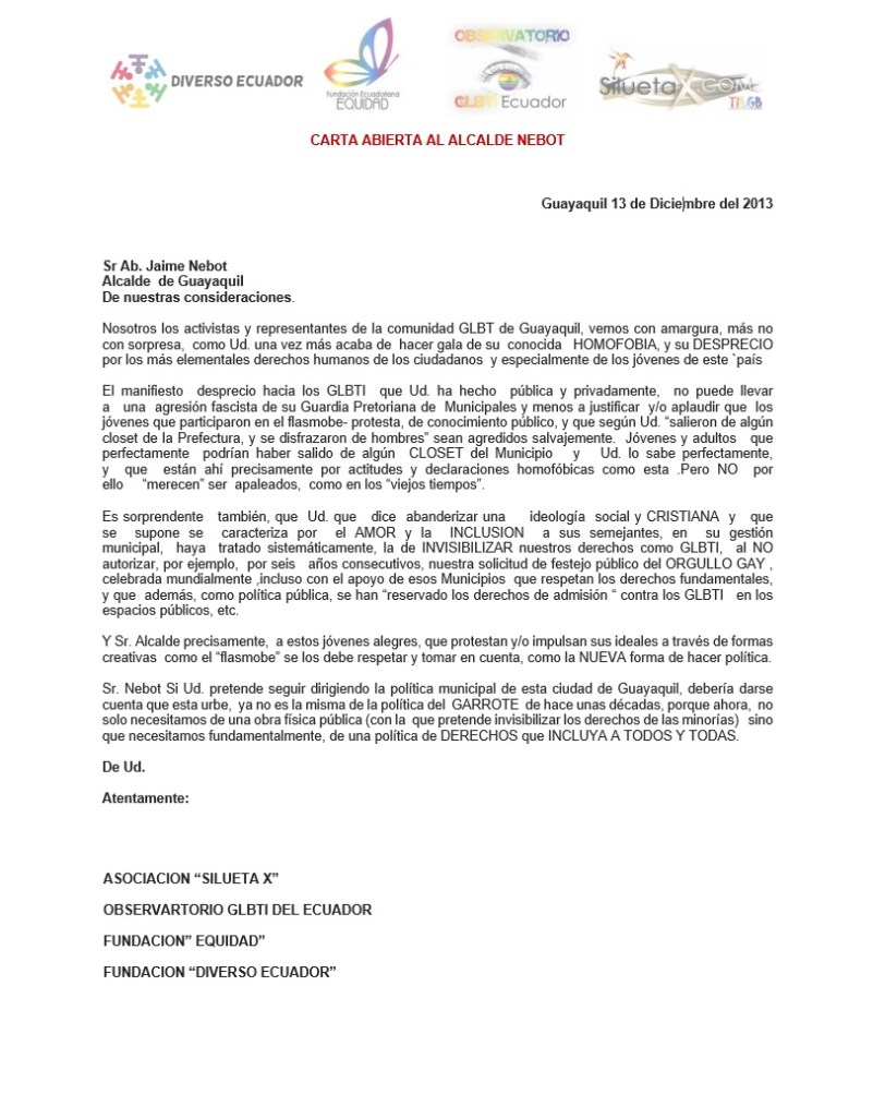 Carta abierta al Alcalde Nebot por parte de Diverso Ecuador - Asociación SIlueta X - Observatorio GLBTI - Fundación Equidad sobre comentario homófico
