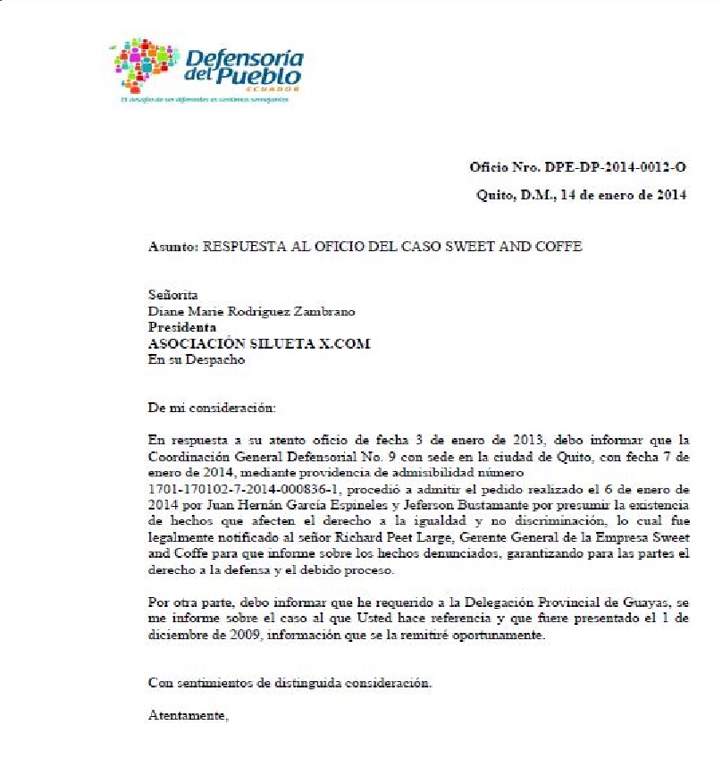 Respuesta al oficio del caso Sweet and coffee.-SiluetaX-DianeRodriguez