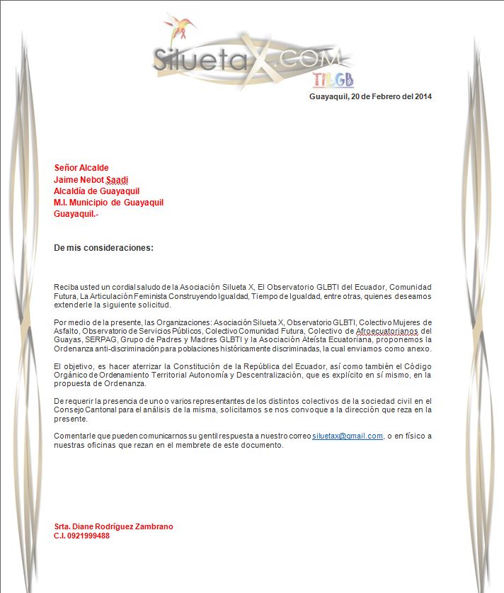 carta al Alcalde de Guayaquil presentacion de ordenanza contra discriminacion-Siluetax-DianeRodriguez