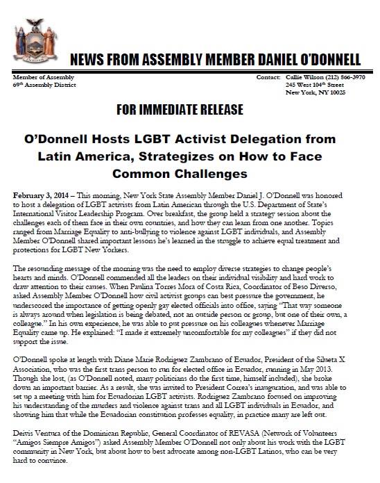 News from Assembly member Daniel ODonell - ODonnell Hosts LGBT activist delegation from latin america