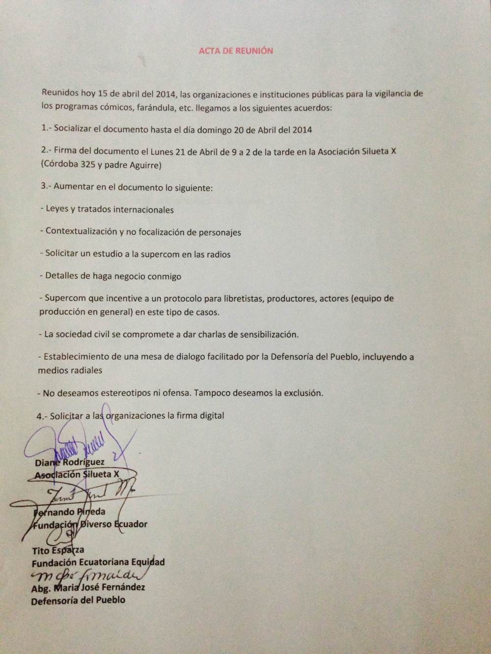 Acta de reunión - Plataforma de los derechos humanos para vigilar a los programas comicos