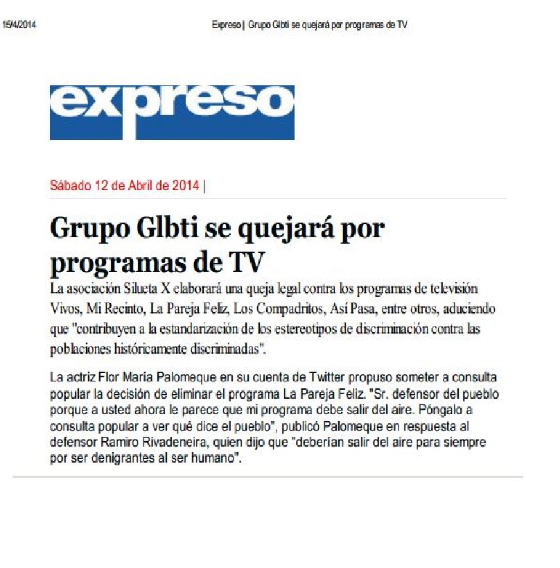 Grupo Glbti se quejará por programas de tv-Siluetax-DianeRodriguez