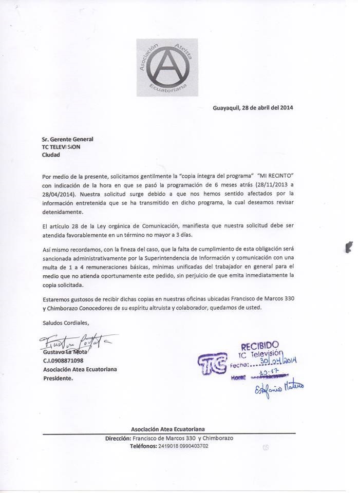 Recibido Solicitud de Videos de la Asociación Ateísta Ecuatoriana