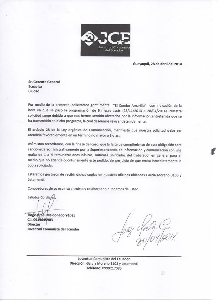 Recibido Solicitud de Videos de la Juventud Comunista del Ecuador