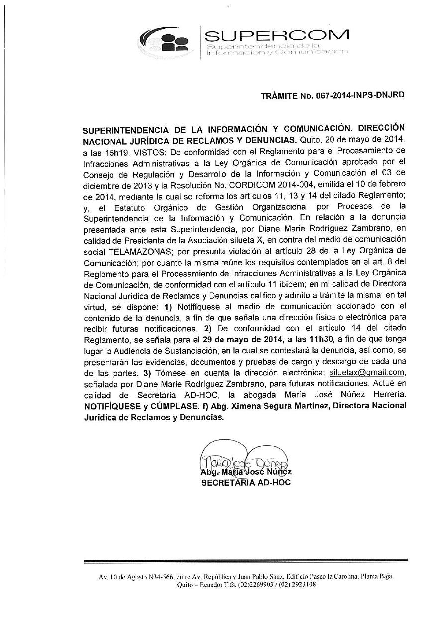 Acta de Convocatoria de Supercom a Silueta X y Teleamazonas