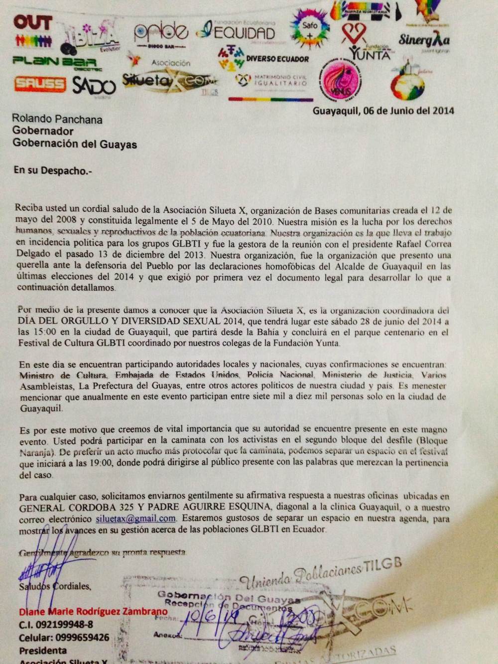 Invitación a Gobernador del Guayas al Orgullo Gay 2014 - Asociación Silueta X