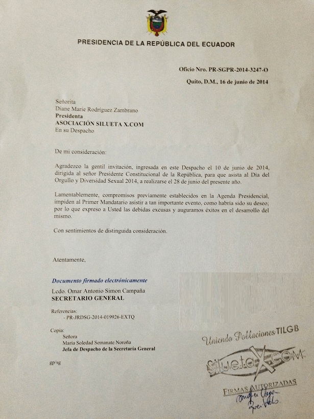 Respuesta Presidente Correa por invitacion de Silueta X por Orgullo gay 2014