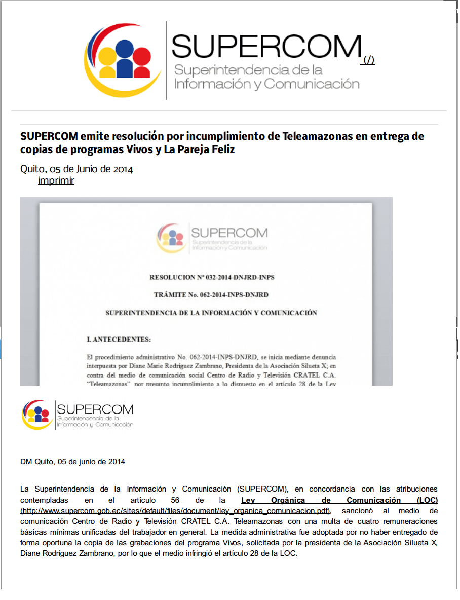 SUPERCOM saciona a canal teleamazonas por incumplimiento de entrega de videos a Diane Rodriguez presidenta de la asociación silueta x