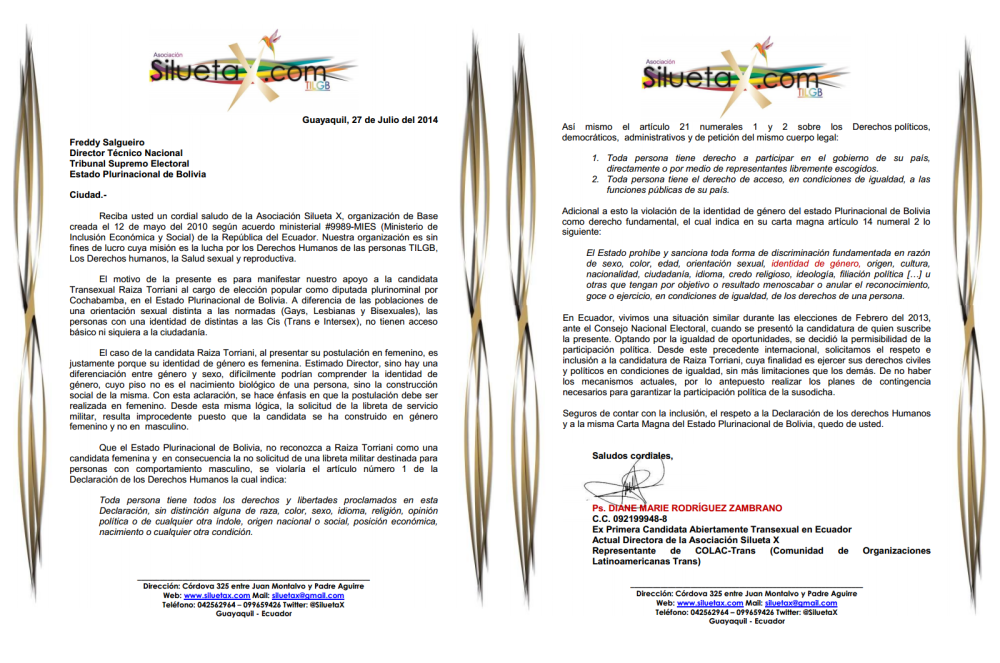 Carta de Apoyo a Candidata Trans Raiza Torriani por parte de Diane Rodríguez de Ecuador