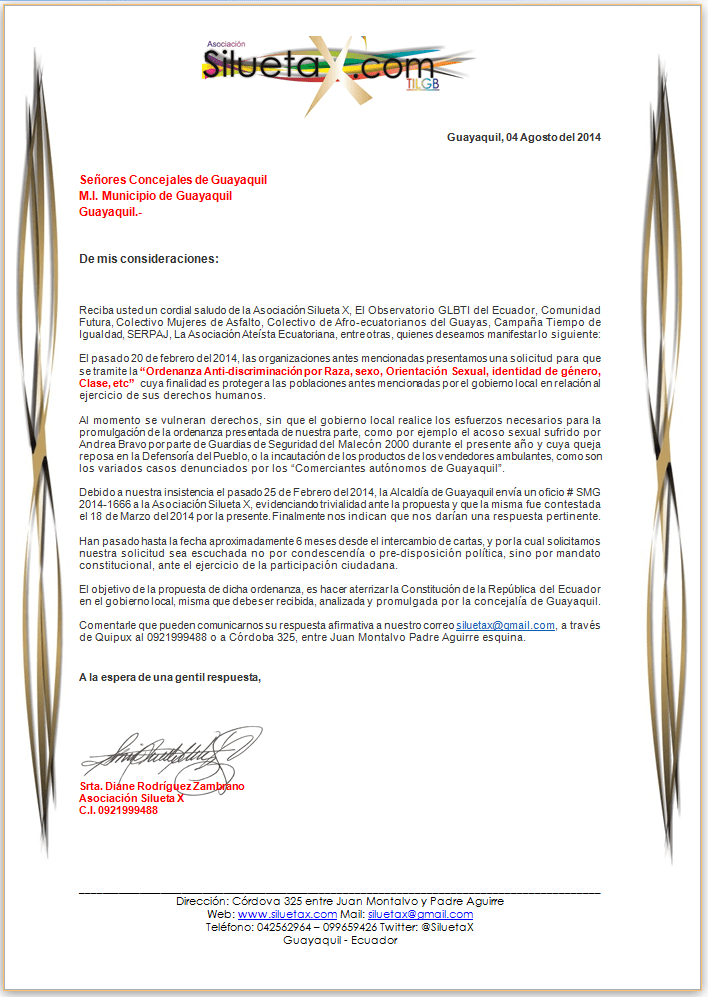 Carta al Alcalde de Guayaquil Sobre Ordenanza Anti-discriminción Presentada por la Asociación Silueta X 04 Agosto 2014