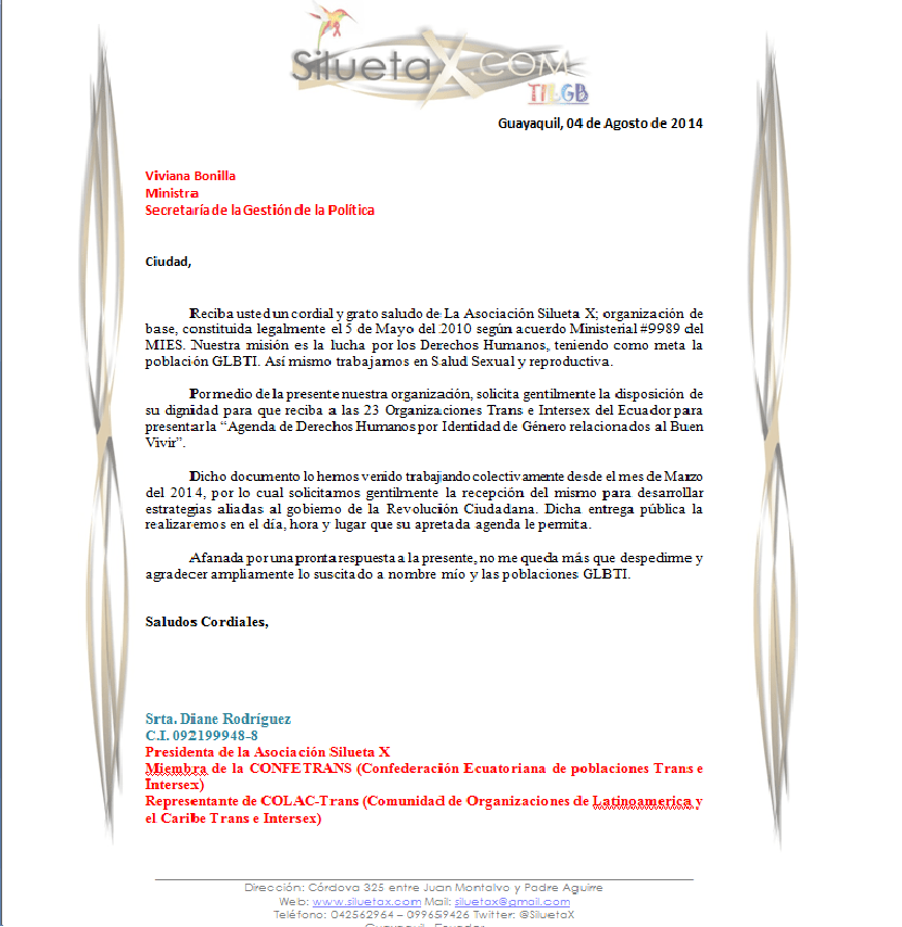 Viviana Bonilla - Carta de Solicitud para Reunión y presentación de la agenda en Identidad de Género.-Siluetax
