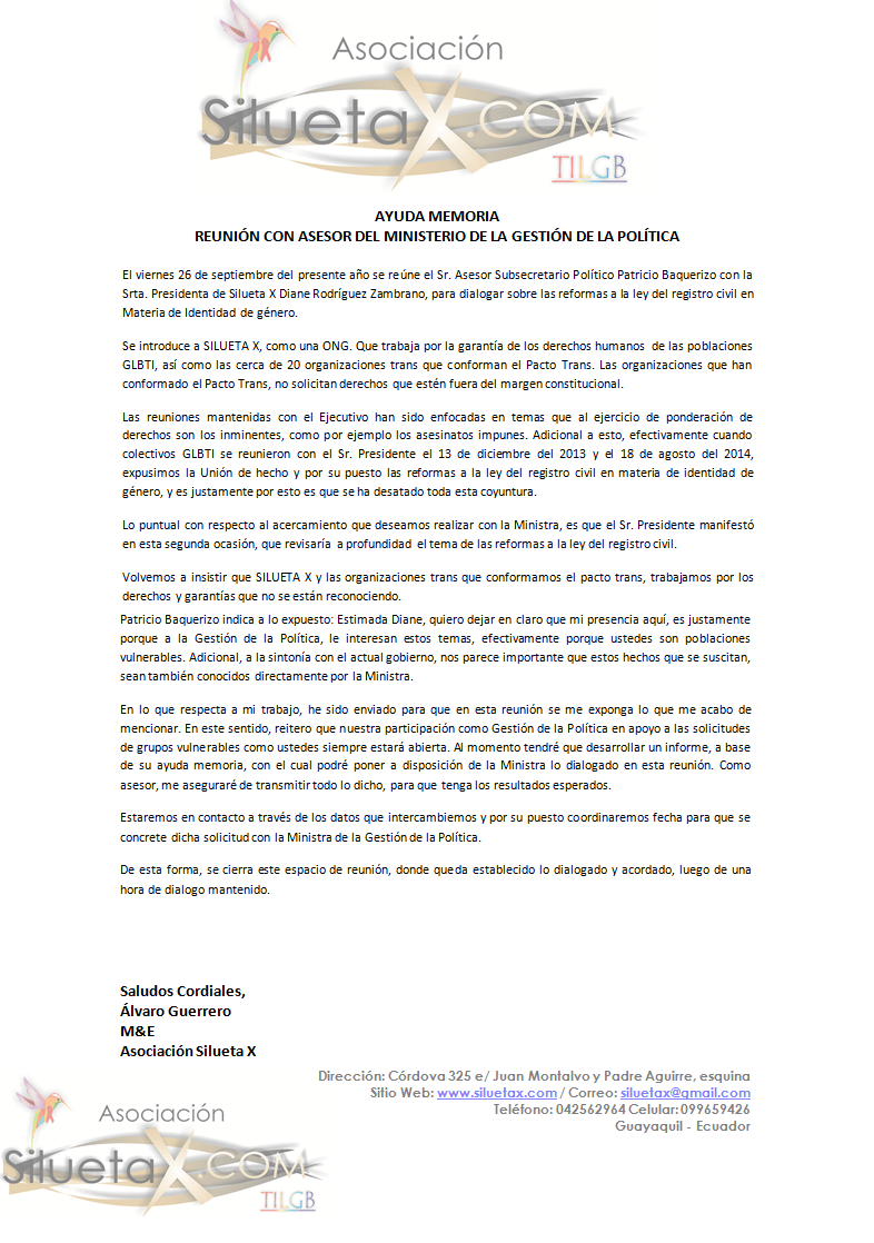 Ayuda Memoria de la Reunión Mantenida con Asesor del Ministerio de la Gstión de la Política en Ecuador sobre las reformas a la ley del registro civil en materia de identidad de género
