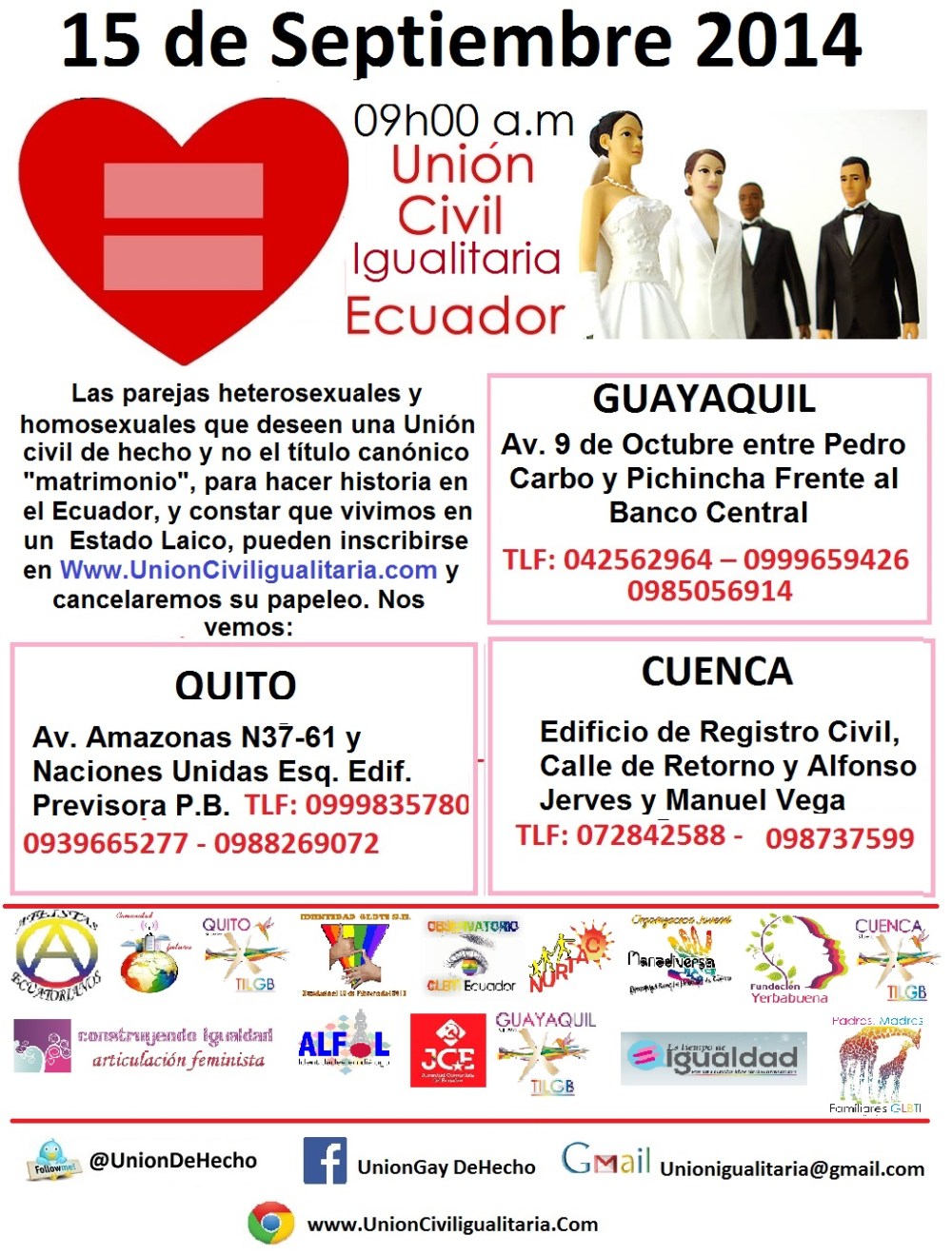 Invitación a Registras uniones de Hechos heterosexuales y homosexuales en Ecuador como hecho historico de Laicidad sin derecho canonico de matrimonio - Unión Civil Igualitaria - Administrada por Silueta X