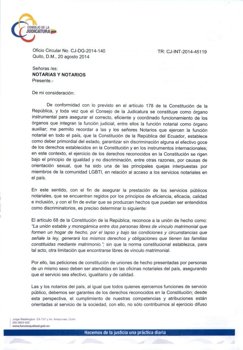 Oficio Circular a Notarías y Notarios del Ecuador enviado a la Asociación Silueta X