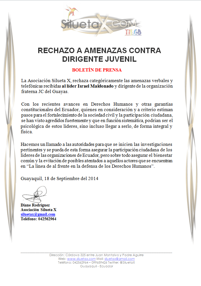 Rechazo a amenazas a Dirigente Juvenil Israel Maldonado