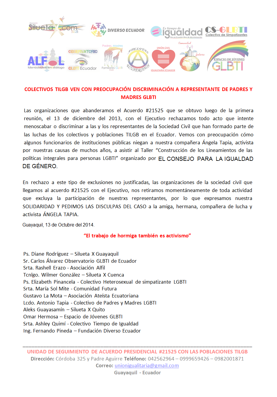 Colectivos TILGB ven con preocupación discriminación a representante de Padres y Madres GLBTI del Ecuador