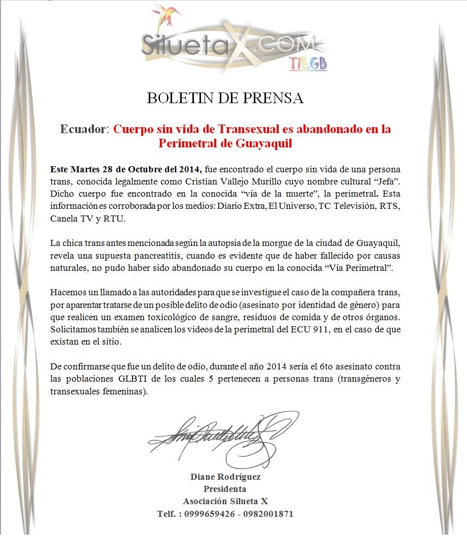 Cuerpo sin vida de Transexual es abandonado en la Perimetral de Guayaquil - posible asesinato o delito de odio contra LGBTI en Ecuador - Asociación Silueta X