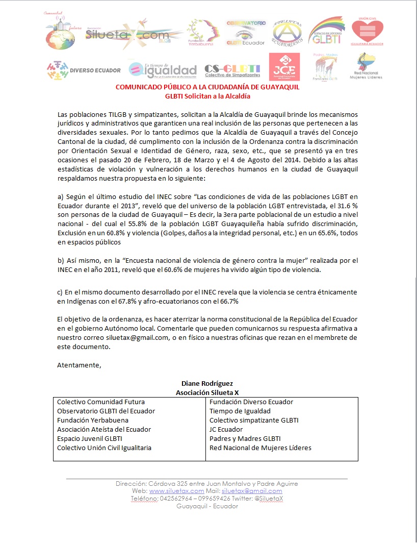 GLBTI Solicitan a la Alcaldía de Guayaquil Ordenanza Municipal anti discriminación - COMUNICADO PÚBLICO A LA CIUDADANÍA DE GUAYAQUIL
