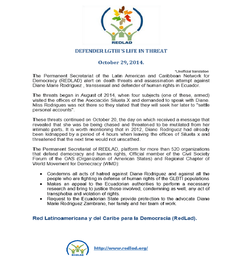 PELIGRA LA VIDA DE DEFENSORA LGTBI-DianeRodriguez