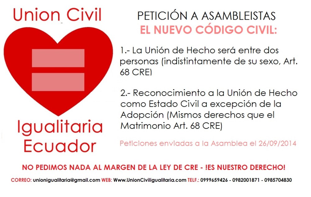Petición a asambleistas nuevo codigo civil - reconocimiento de la unión de hecho como estado civil y la unión entre dos personas indistintamente de su sexo