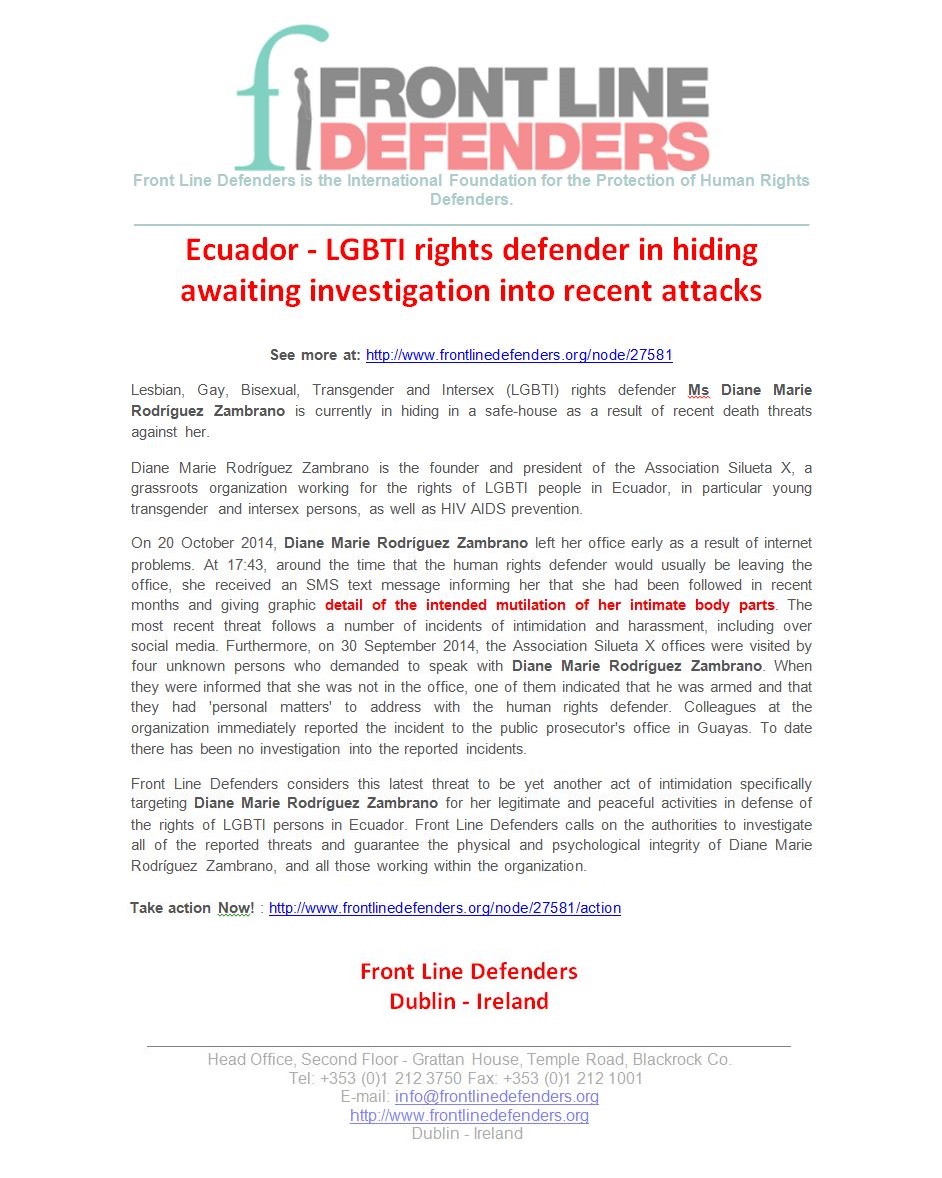Press Front Line Defenders - Ecuador - LGBTI rights defender in hiding awaiting investigation into recent attacks