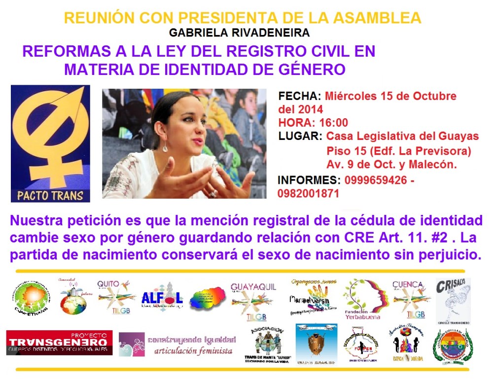 Reunión con Presidenta de la Asamblea Gabriela Rivadeneira con Pacto Trans sobre las reformas a la ley del registro civil en Materia de Identidad d género