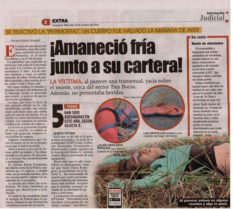 Transexual es asesinada en Guayaquil - Amenazan a Diane Rodríguez activista transexual