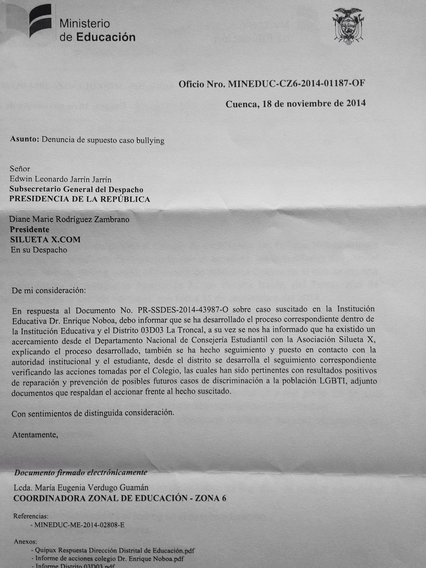 Comunicado final sobre caso de Bullying por parte del Ministerio de Educación