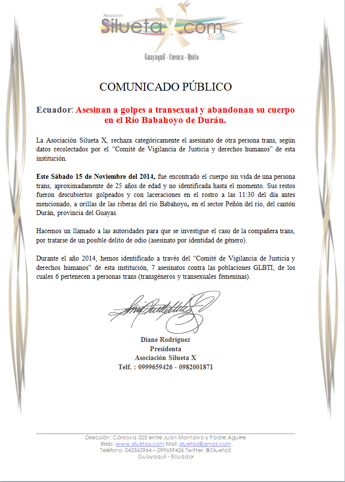Comunicado Público - Asesinan a trans a golpes y abandonan cuerpo a orillas del Río Babahoyo en Durán Guayas - Ecuador Asociación Silueta X